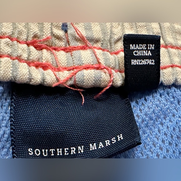 Men’s Southern Marsh Fishing Logo Blue/Red Lined Trunks Swim Shorts- Large - Picture 7 of 16